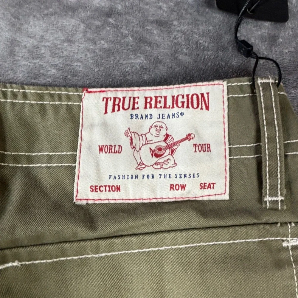 True Religion Mens Cargo Pants Olive Green White Contrast Stitch Size 34 NWT